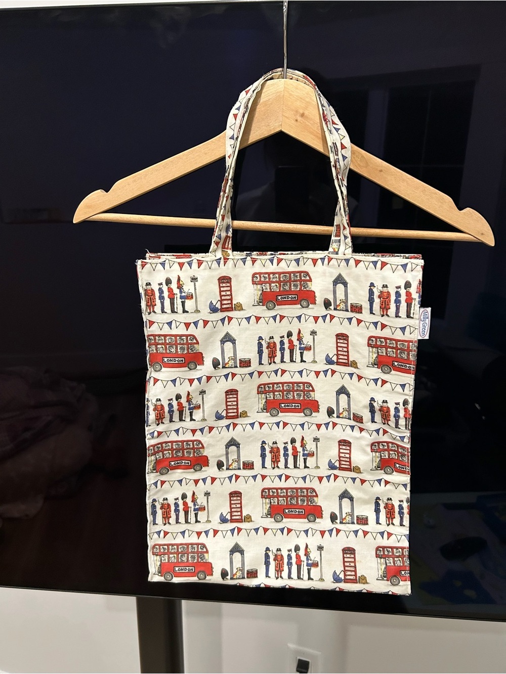 Molly Green Printed Canvas Tote Bag with Red London Bus Motif